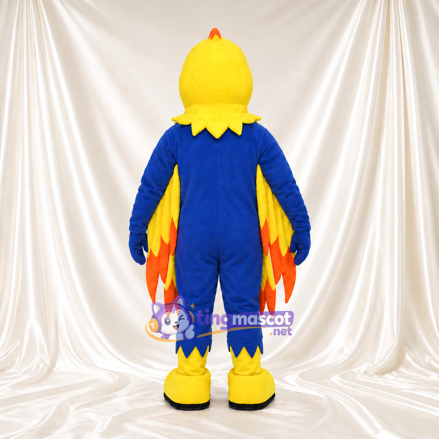 Costume de mascotte Oiseau – jaune / bleu – Plumes des ailes (orange); Chaussures (jaune) Costume de mascotte Oiseau – jaune / bleu – Plumes des ailes (orange); Chaussures (jaune)