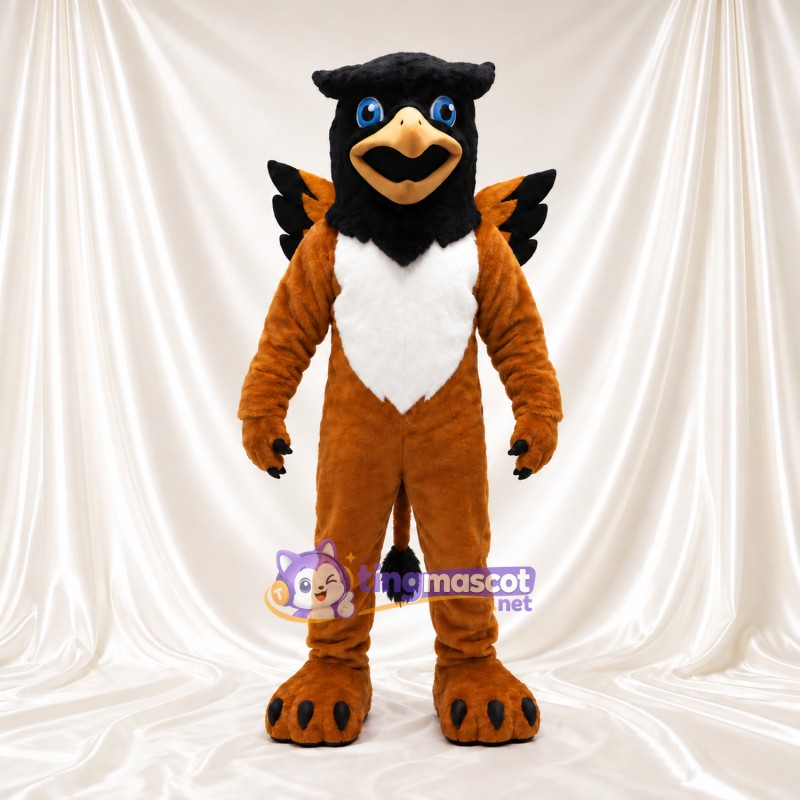 Costume de mascotte Griffon – marron – Tête d’aigle (noir); Torse (blanc) Costume de mascotte Griffon – marron – Tête d’aigle (noir); Torse (blanc)