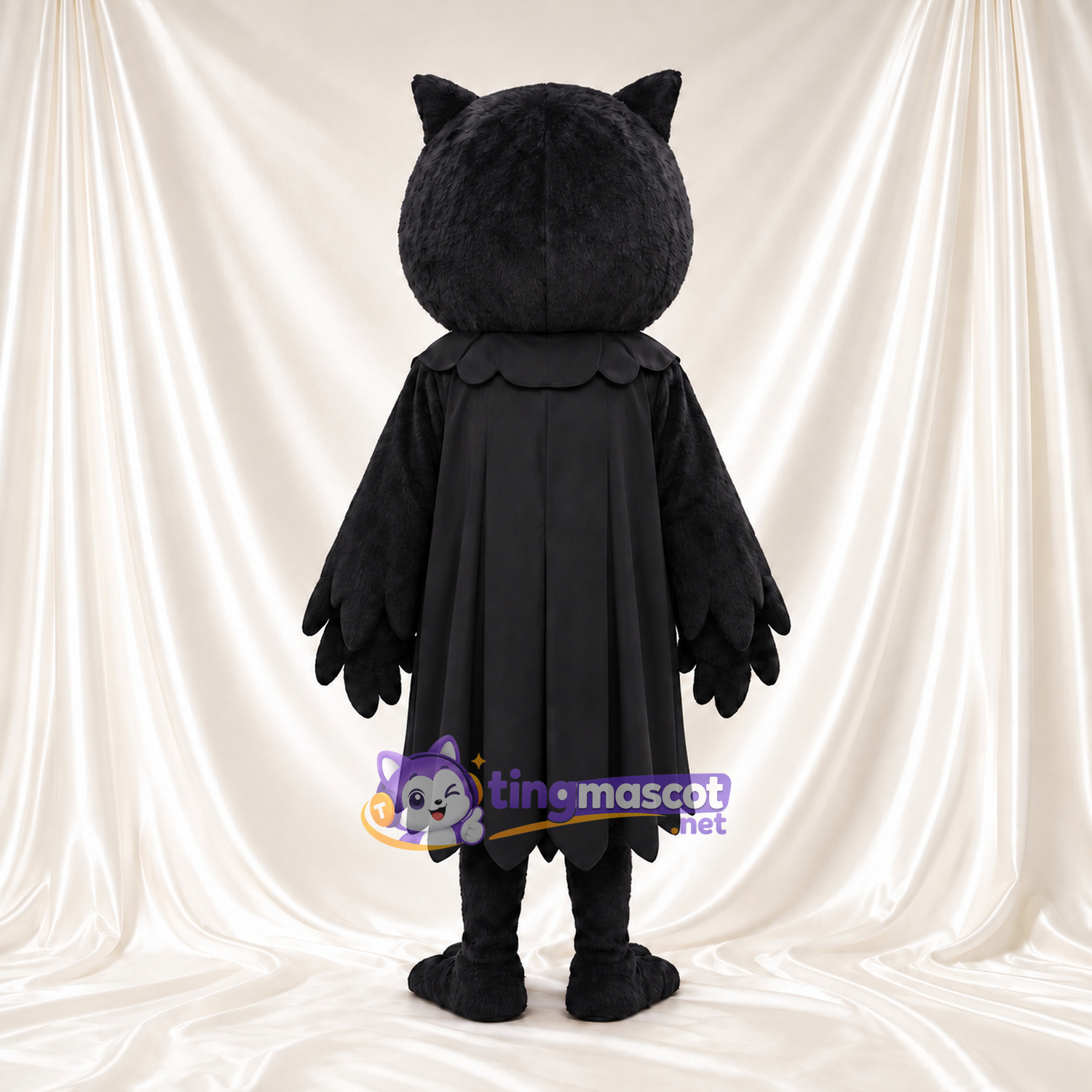 Black Owl Mascot Costume - Pleated Feather Tunic and Round White Eyes Black Owl Mascot Costume - Pleated Feather Tunic and Round White Eyes