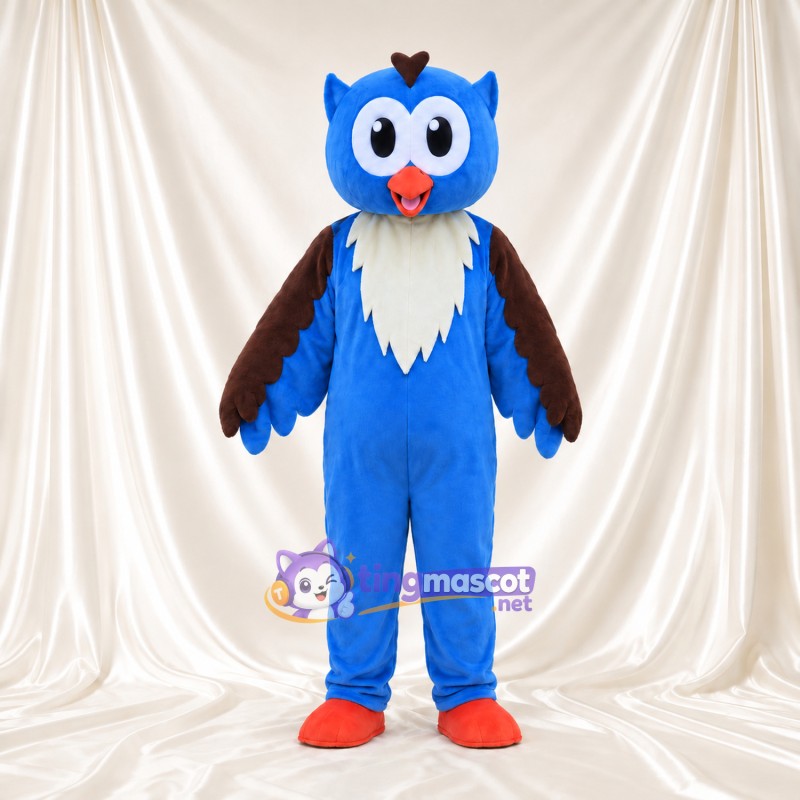 Costume de mascotte Hibou – bleu – Ailes (marron); Cou (blanc); Plumes
