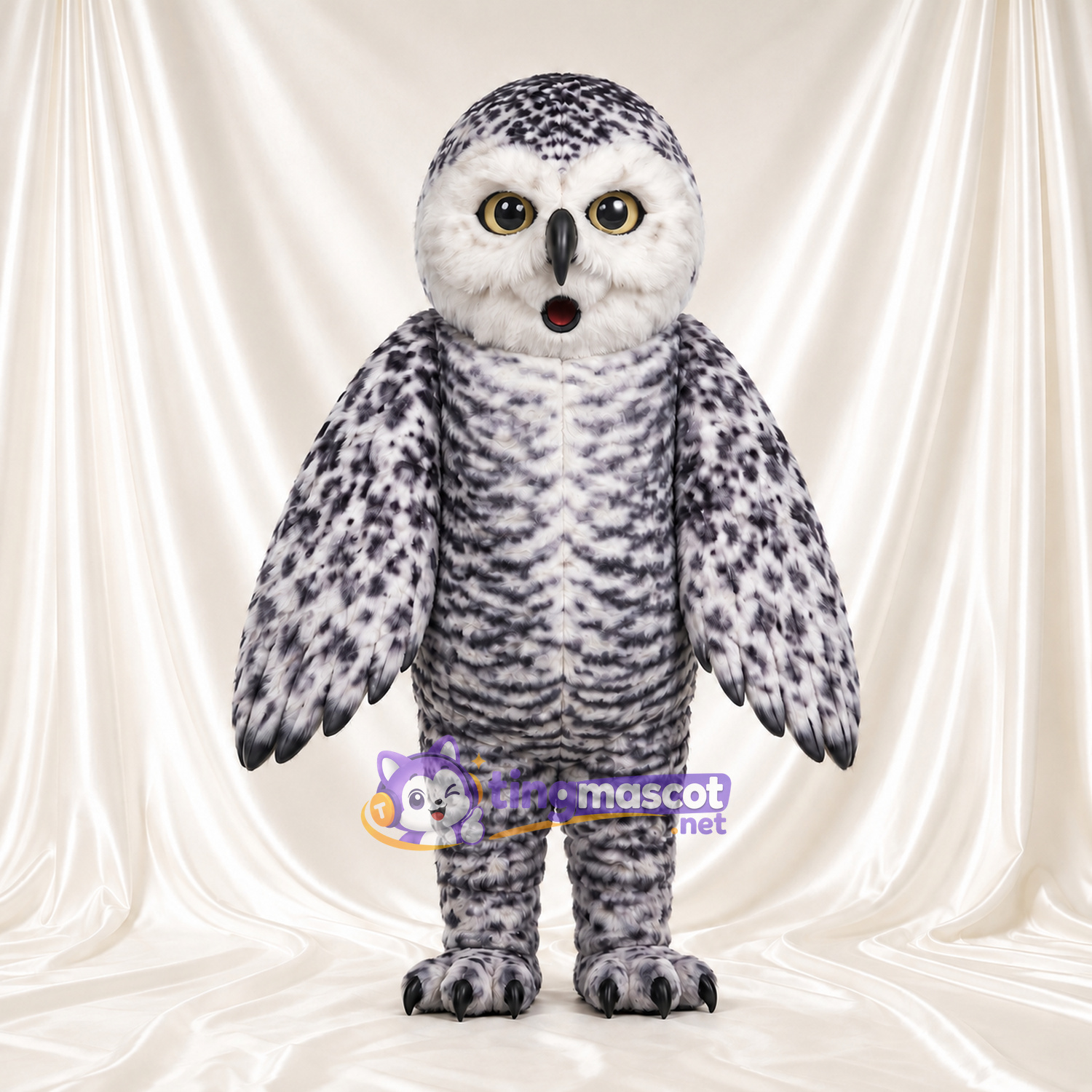 Costume de mascotte Harfang des neiges – selon la photo – Plumes (noir, moucheté); Visage (blanc) Costume de mascotte Harfang des neiges – selon la photo – Plumes (noir, moucheté); Visage (blanc)