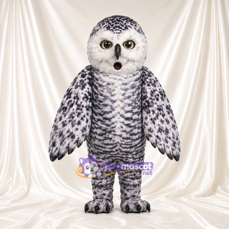 Costume de mascotte Harfang des neiges – selon la photo – Plumes (noir, moucheté); Visage (blanc)