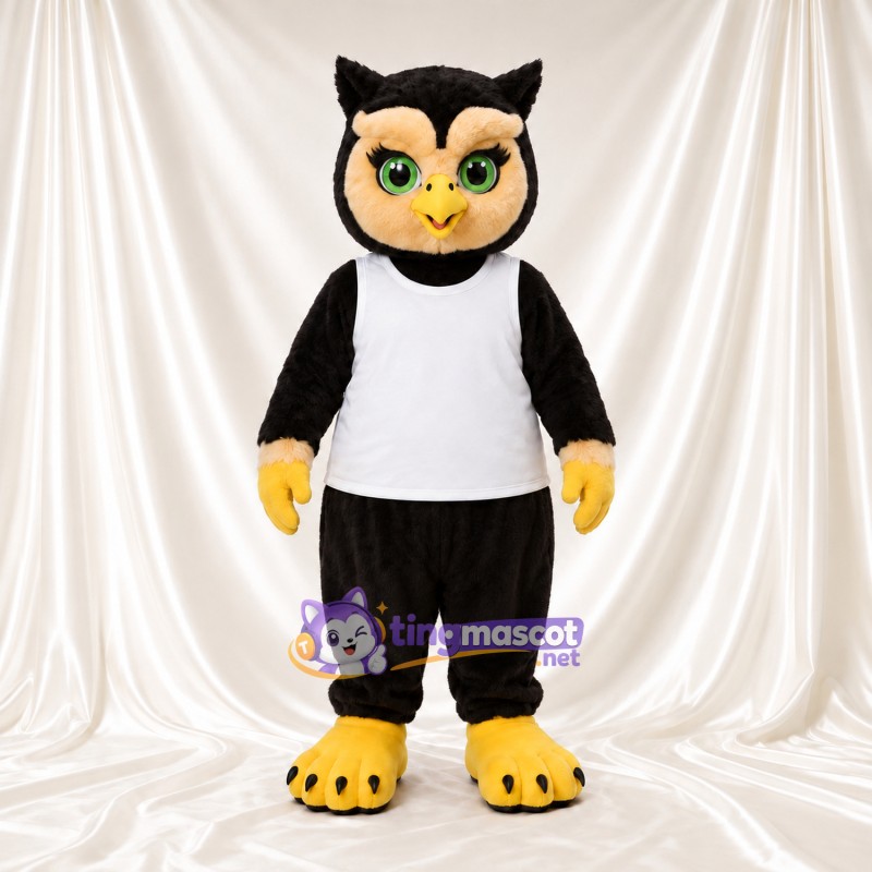 Black Owl Mascot Costume - White Sports Vest and Yellow Feet Black Owl Mascot Costume - White Sports Vest and Yellow Feet