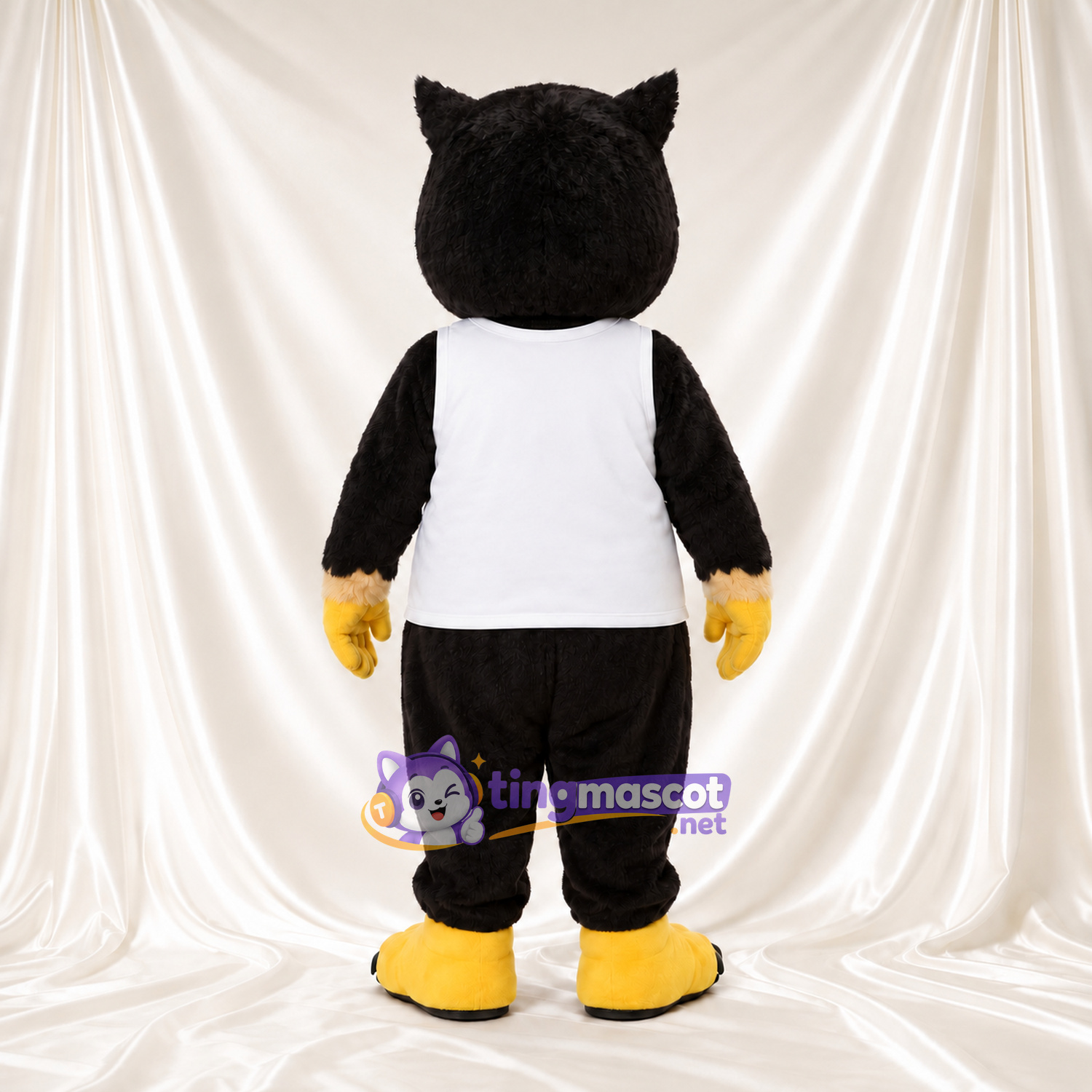 Black Owl Mascot Costume - White Sports Vest and Yellow Feet Black Owl Mascot Costume - White Sports Vest and Yellow Feet