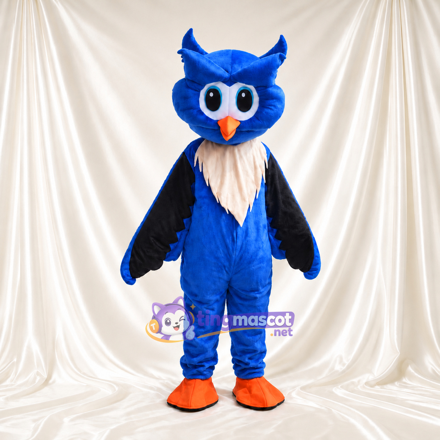 Costume de mascotte Hibou – bleu – Cou (blanc); Plumes; Pieds (orange) Costume de mascotte Hibou – bleu – Cou (blanc); Plumes; Pieds (orange)