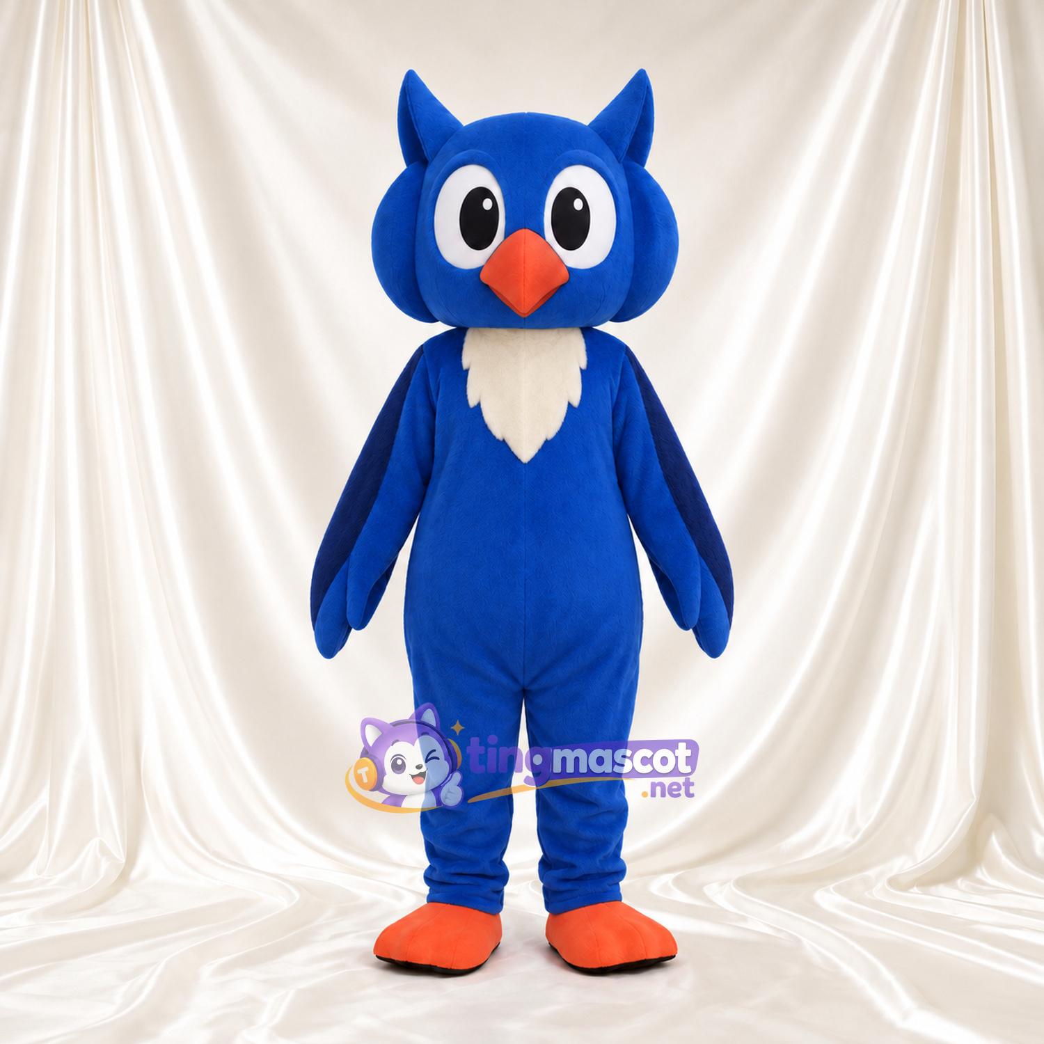 Costume de mascotte Hibou – bleu – Bec (orange); Bavette au cou (crème) Costume de mascotte Hibou – bleu – Bec (orange); Bavette au cou (crème)