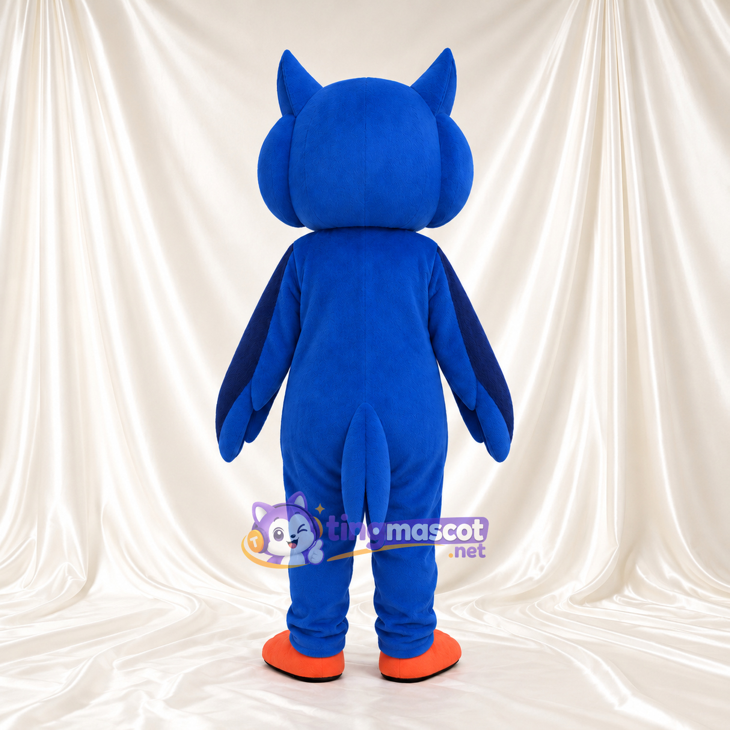 Costume de mascotte Hibou – bleu – Bec (orange); Bavette au cou (crème) Costume de mascotte Hibou – bleu – Bec (orange); Bavette au cou (crème)