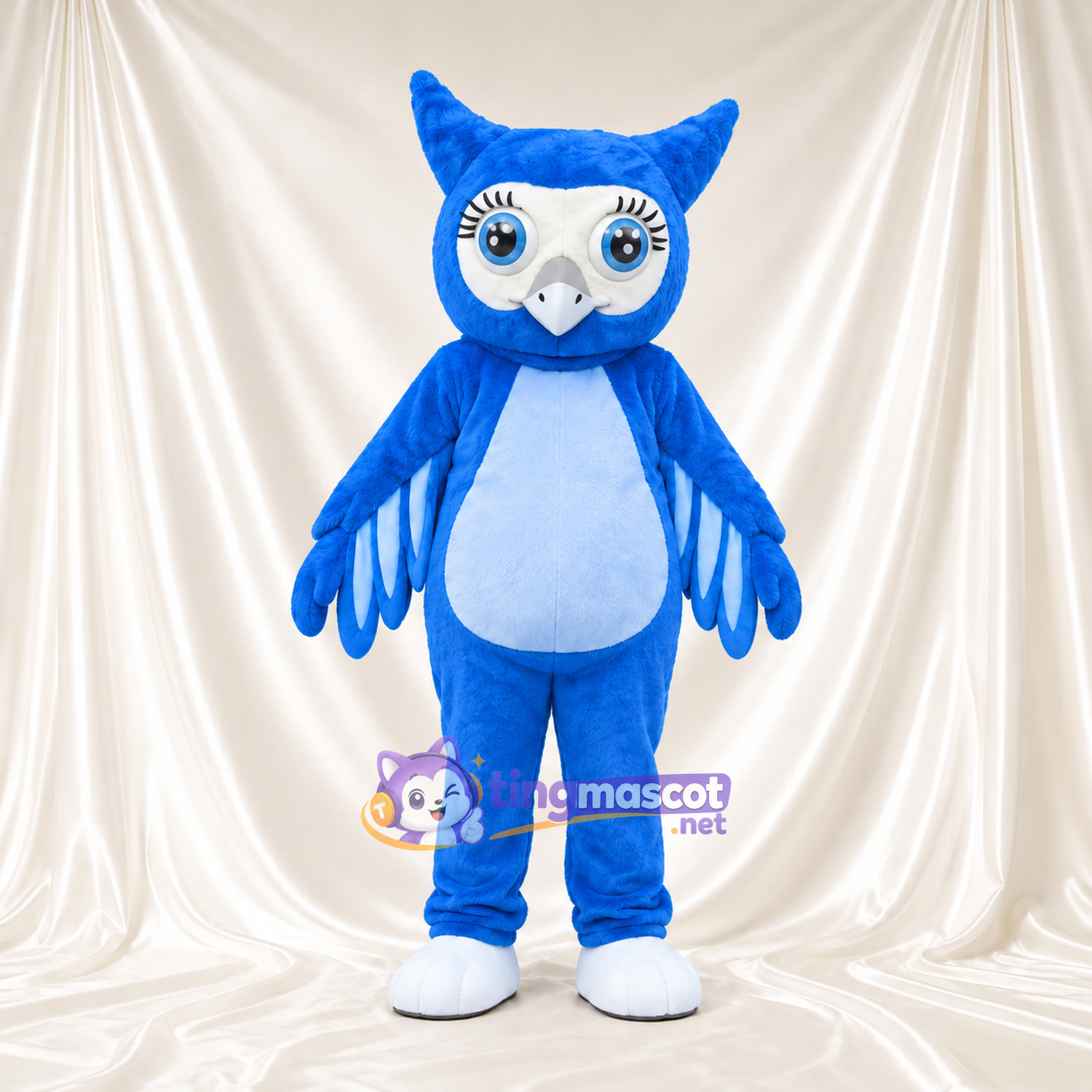 Costume de mascotte Hibou – bleu – Cils (long); Chaussures (blanc)