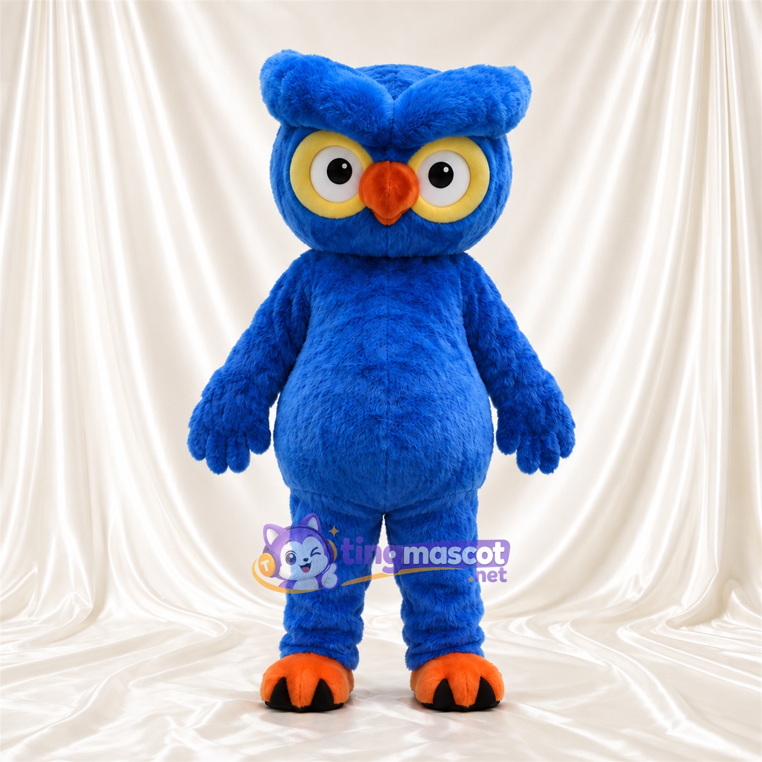Costume de mascotte Hibou – bleu – Cercles autour des yeux (jaune); Serres (orange) Costume de mascotte Hibou – bleu – Cercles autour des yeux (jaune); Serres (orange)