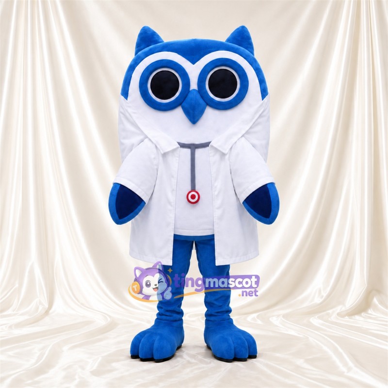 Blue Doctor Owl Mascot Costume - White Coat and Round Dark Eyes Blue Doctor Owl Mascot Costume - White Coat and Round Dark Eyes