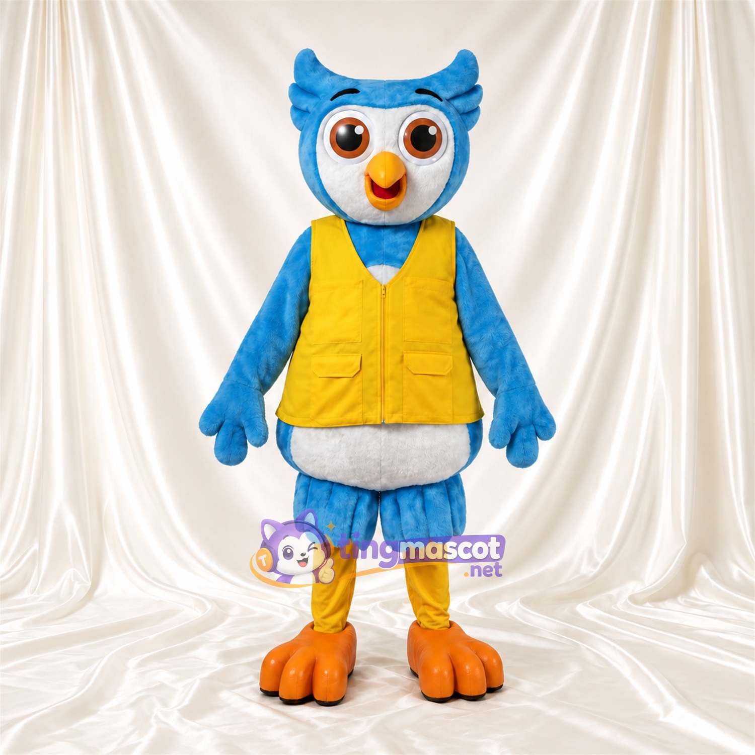 Costume de mascotte Hibou – bleu clair – Gilet (jaune); Pieds (orange) Costume de mascotte Hibou – bleu clair – Gilet (jaune); Pieds (orange)