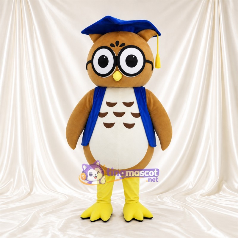 Costume de mascotte Hibou – brun clair – Lunettes (rond); Casquette (bleu)