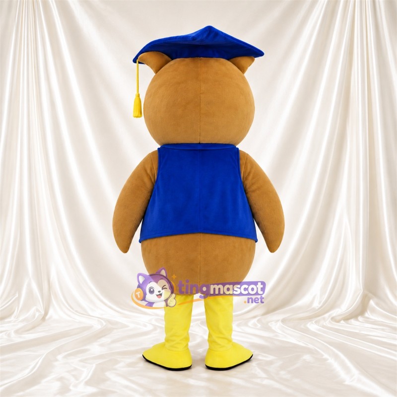 Costume de mascotte Hibou – brun clair – Lunettes (rond); Casquette (bleu) Costume de mascotte Hibou – brun clair – Lunettes (rond); Casquette (bleu)