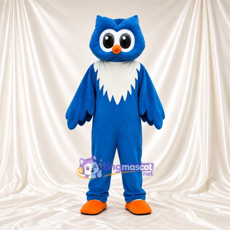 Costume de mascotte Hibou – bleu – Bavette au cou (blanc); Chaussures (orange)