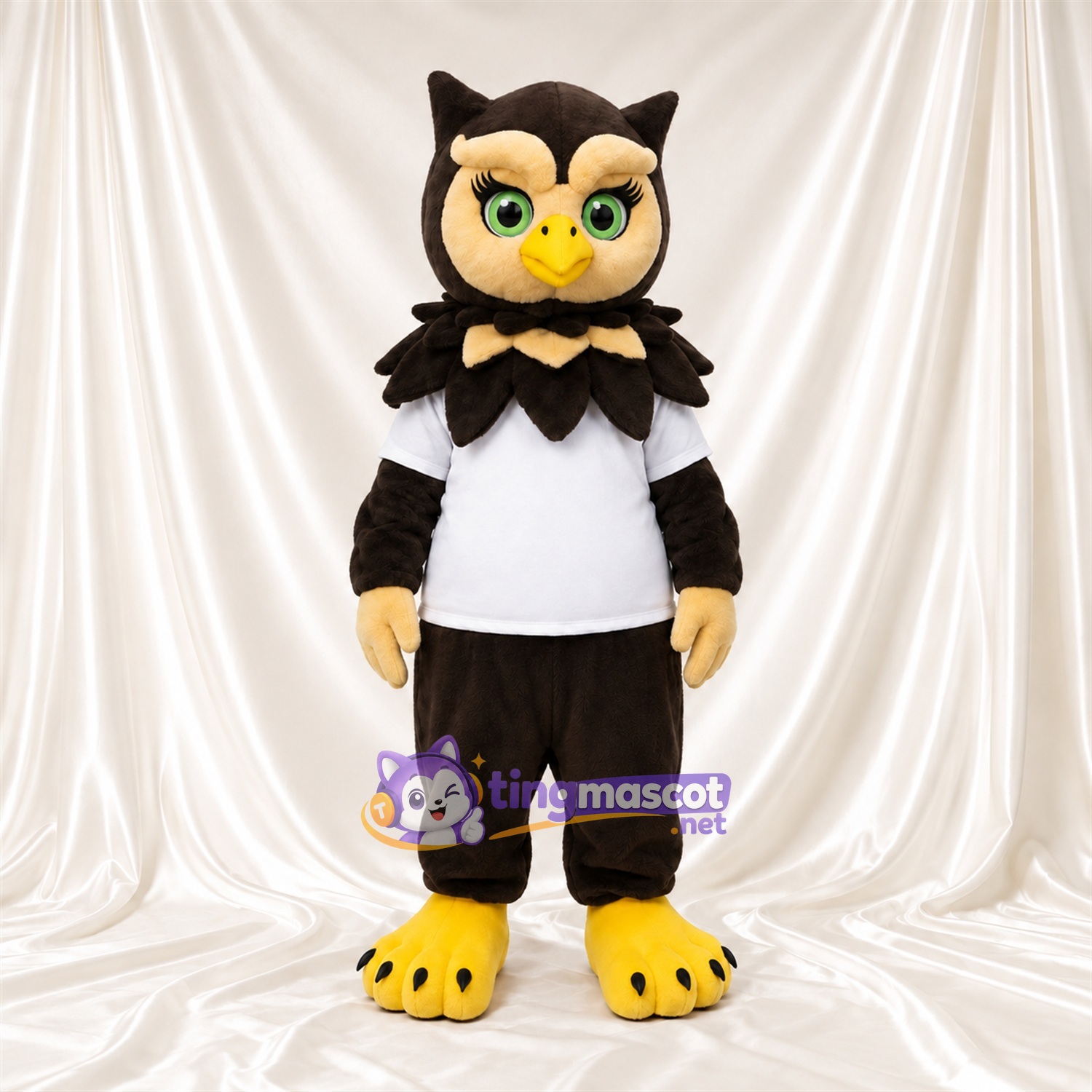 Black Owl Mascot Costume - White T-Shirt and Beige Bow Tie Black Owl Mascot Costume - White T-Shirt and Beige Bow Tie