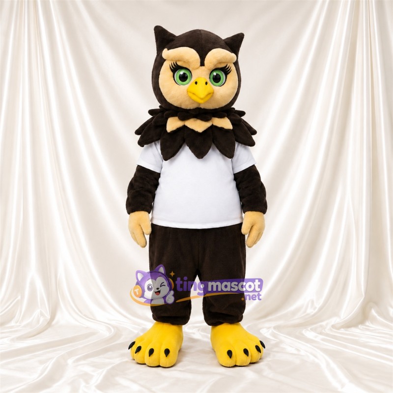 Black Owl Mascot Costume - White T-Shirt and Beige Bow Tie Black Owl Mascot Costume - White T-Shirt and Beige Bow Tie