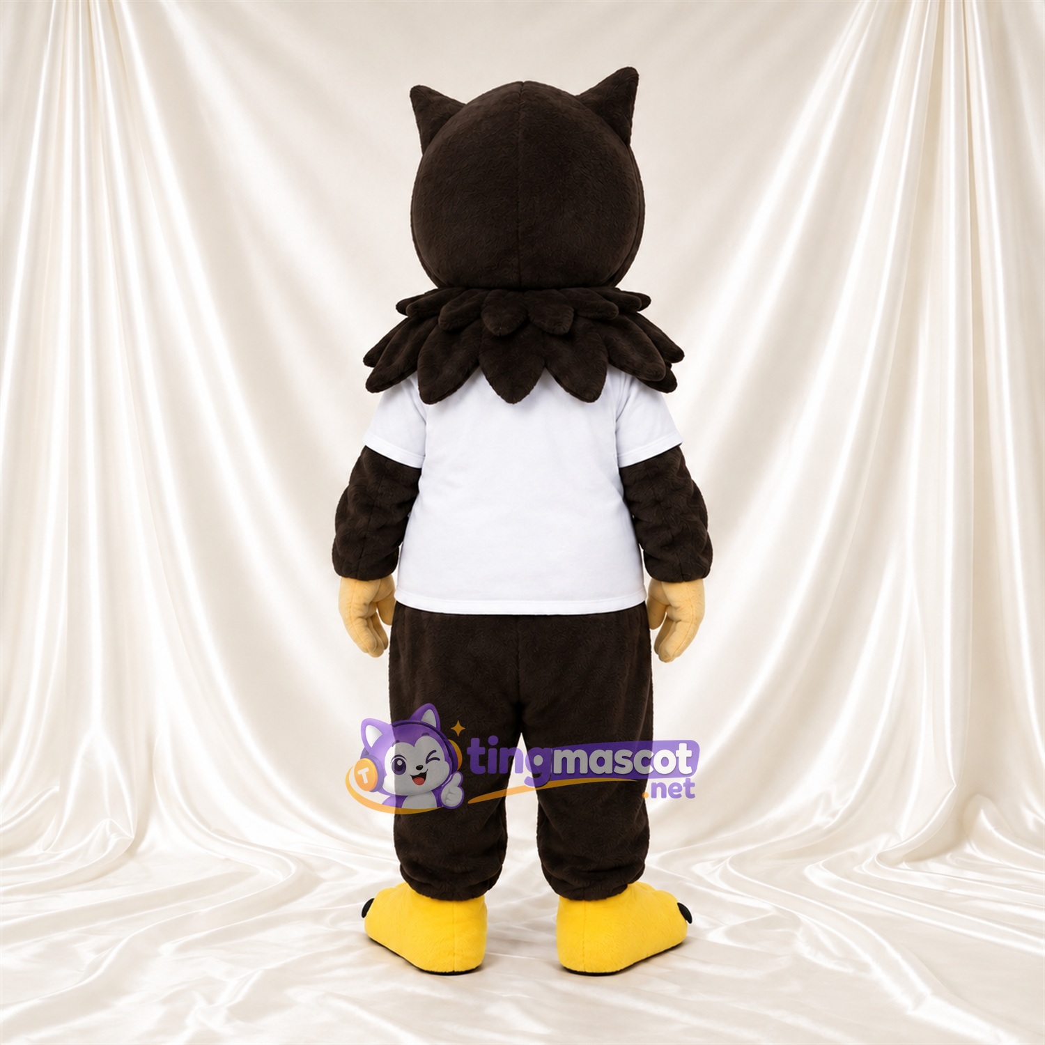 Black Owl Mascot Costume - White T-Shirt and Beige Bow Tie Black Owl Mascot Costume - White T-Shirt and Beige Bow Tie
