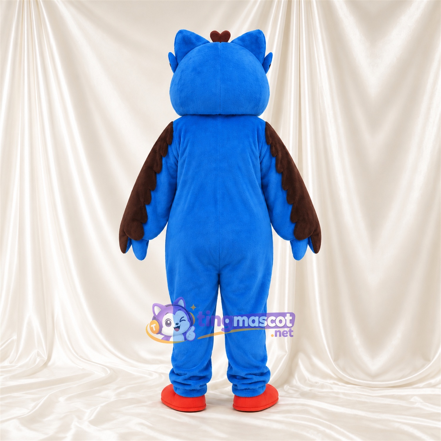 Costume de mascotte Hibou – bleu – Ailes (marron); Chaussures (rouge) Costume de mascotte Hibou – bleu – Ailes (marron); Chaussures (rouge)