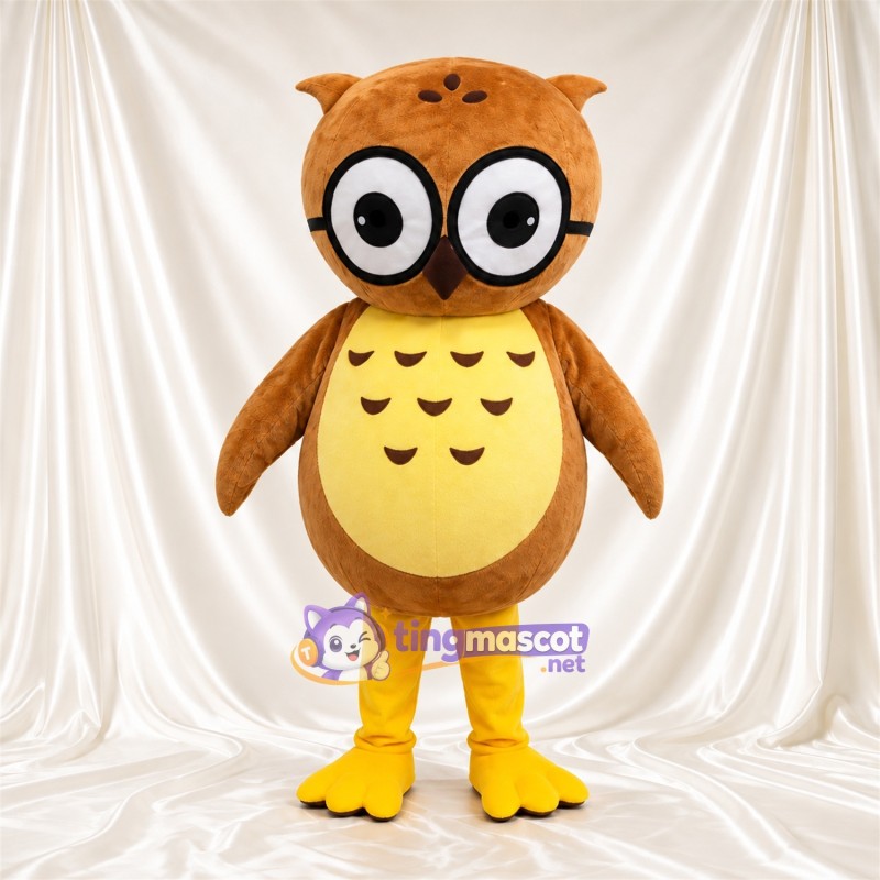 Costume de mascotte Hibou – brun clair – Lunettes (rond); Ventre (jaune, à motifs)