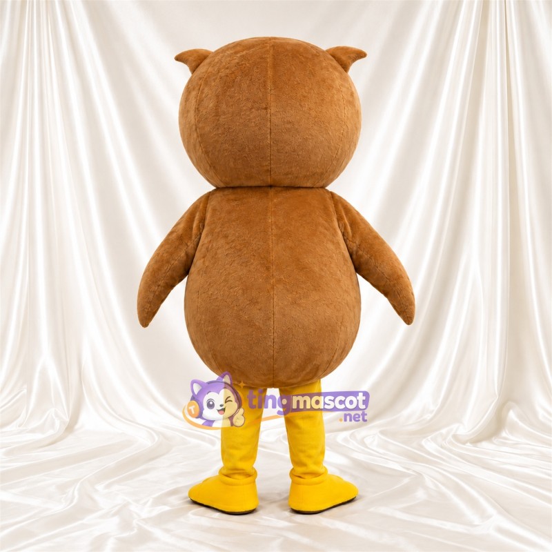 Costume de mascotte Hibou – brun clair – Lunettes (rond); Ventre (jaune, à motifs) Costume de mascotte Hibou – brun clair – Lunettes (rond); Ventre (jaune, à motifs)