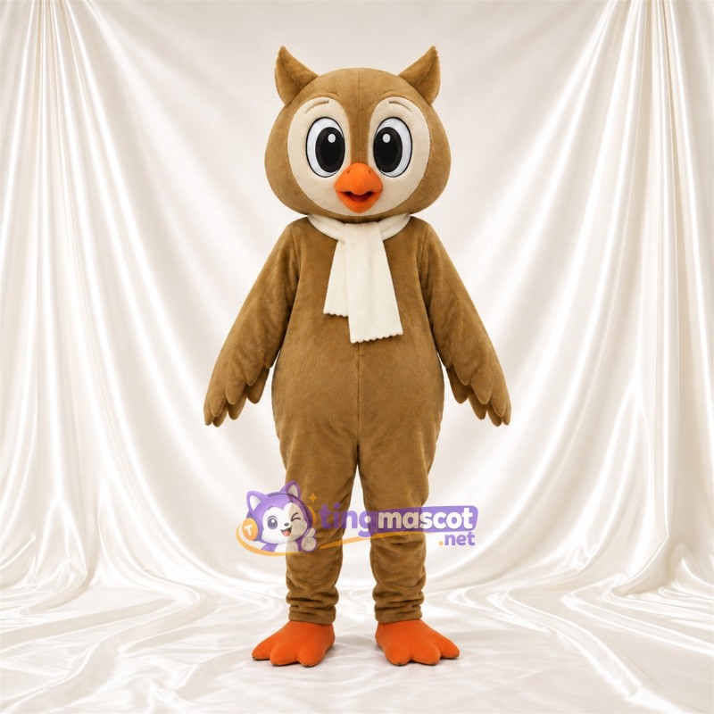Costume de mascotte Hibou – brun clair – Écharpe (crème); Pieds (orange)