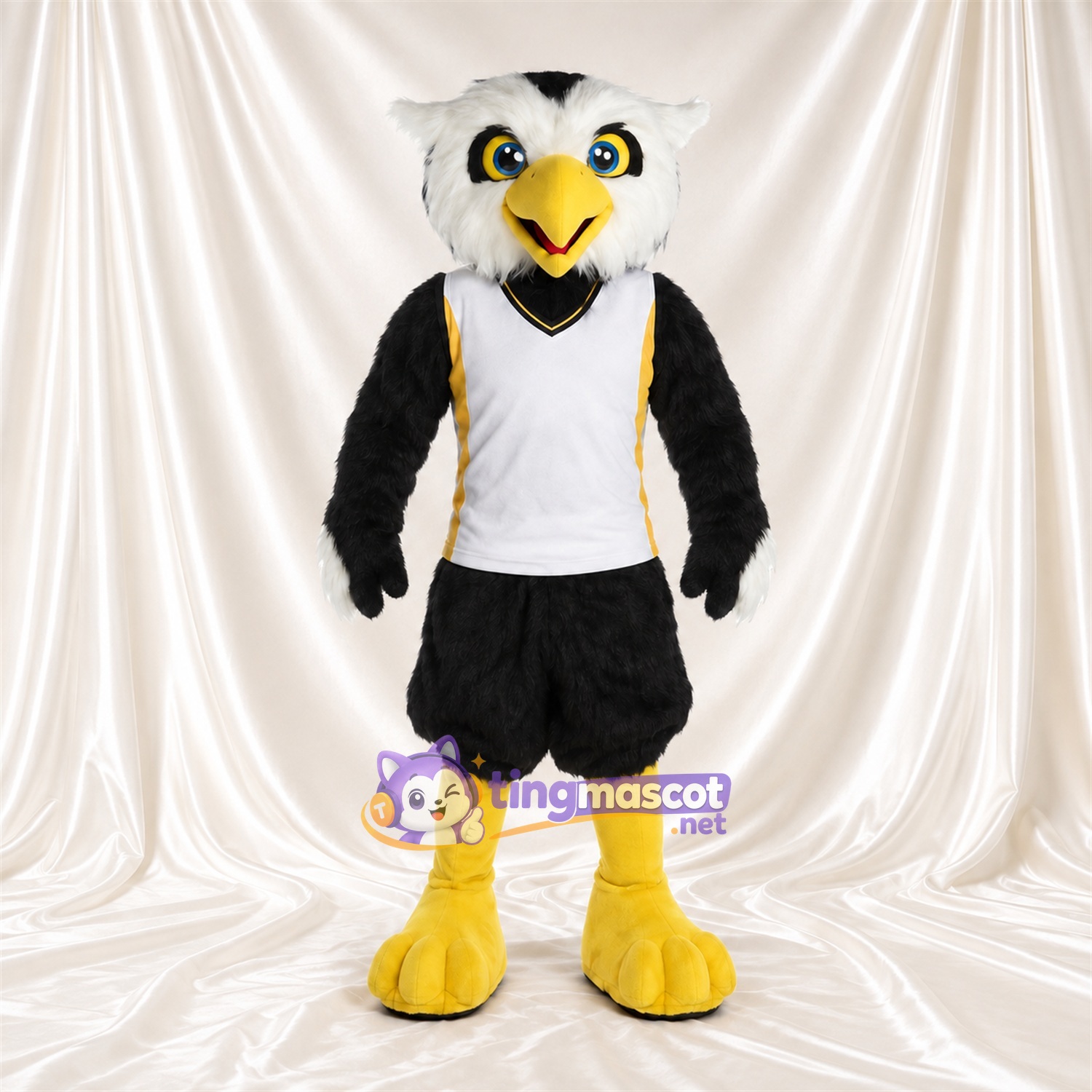 Black and White Owl Mascot Costume - White Sports Vest and Black Shorts Black and White Owl Mascot Costume - White Sports Vest and Black Shorts