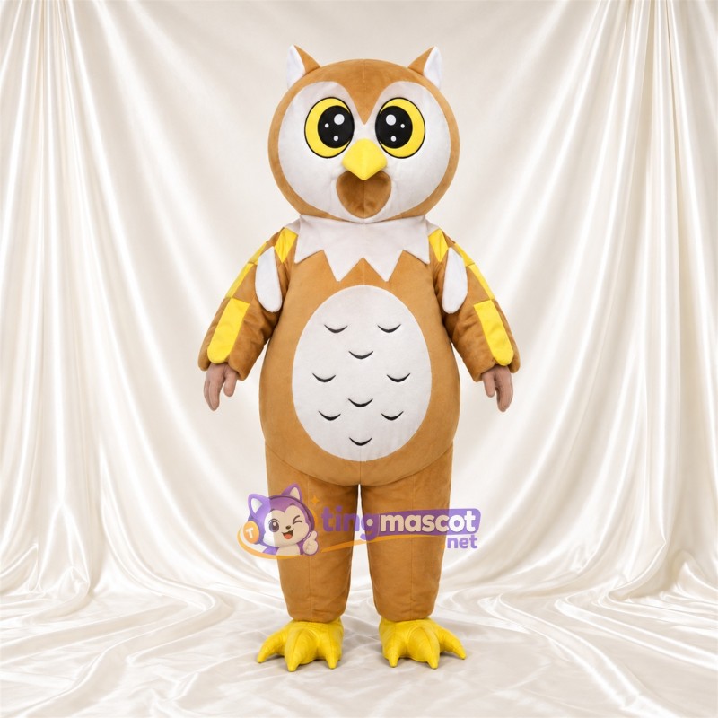 Costume de mascotte Hibou – brun clair – Ventre (blanc, à motifs); Plumes des ailes (jaune)