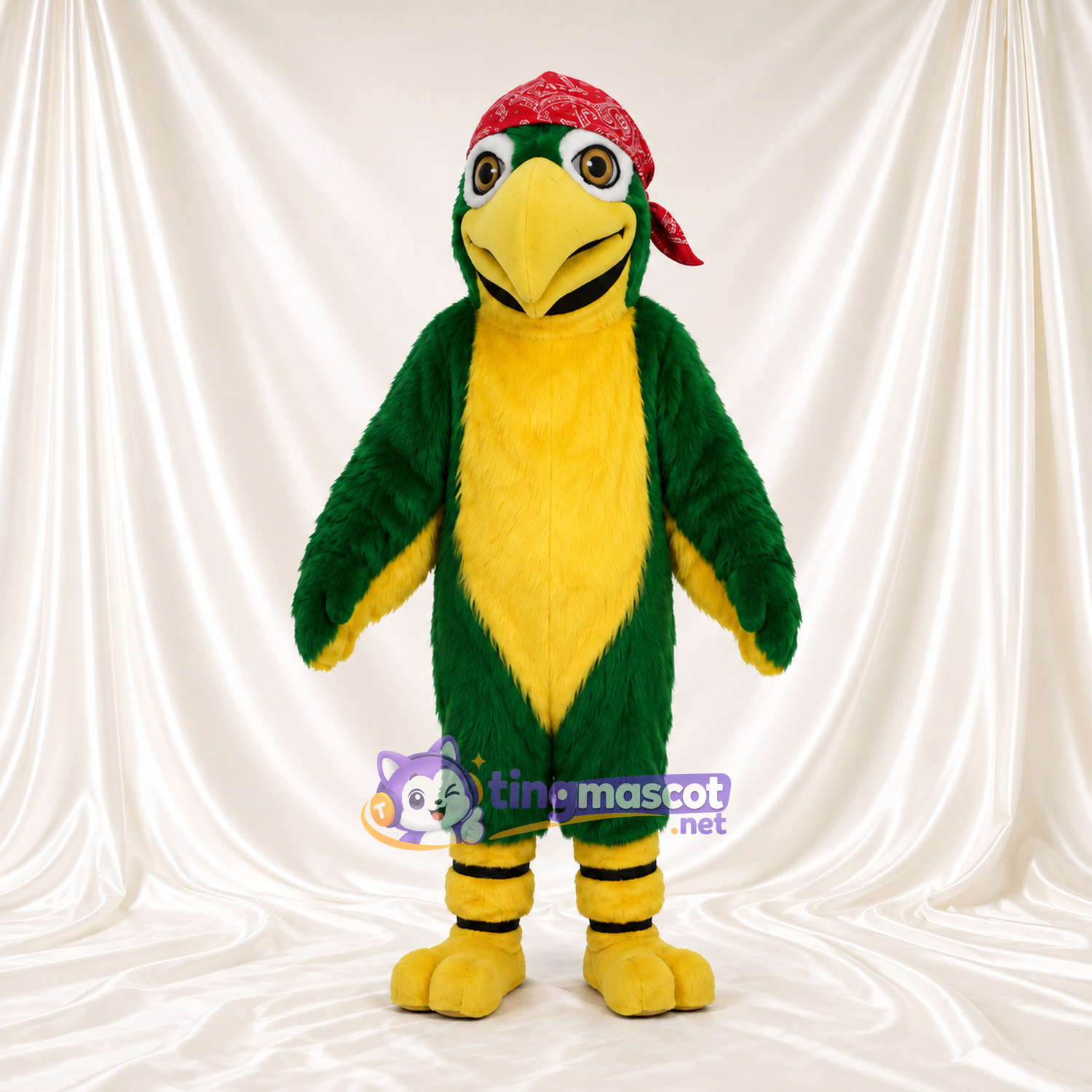 Costume de mascotte Perroquet – vert – Bandana (rouge); Ventre (jaune) Costume de mascotte Perroquet – vert – Bandana (rouge); Ventre (jaune)