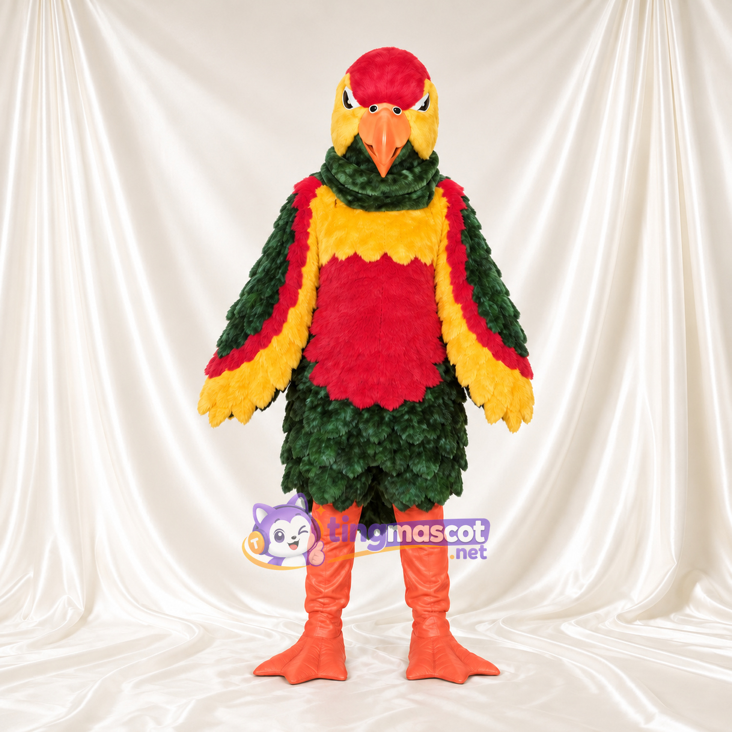 Green and Red Parrot Mascot Costume - Layered Feathers and Orange Legs Green and Red Parrot Mascot Costume - Layered Feathers and Orange Legs