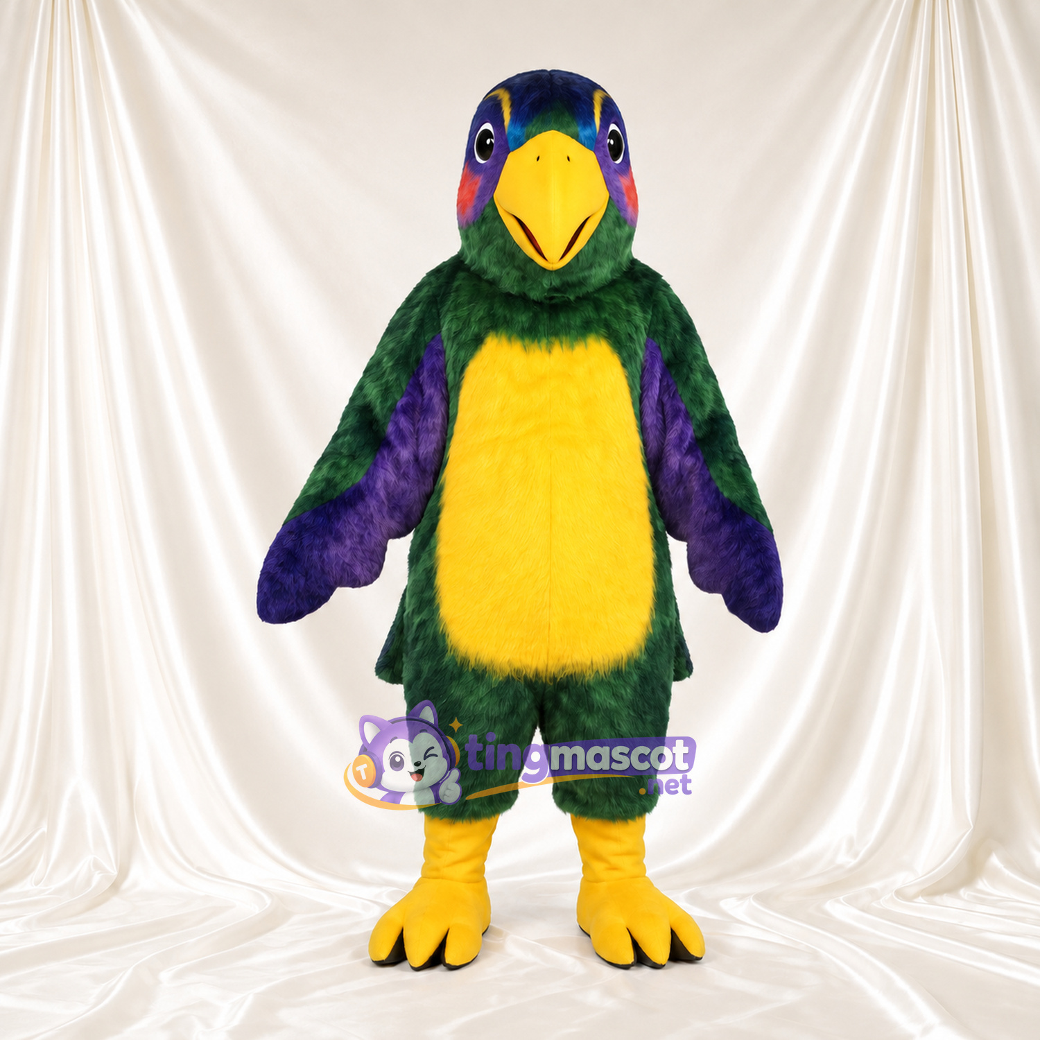 Costume de mascotte Perroquet – vert – Ailes (violet); Ventre (jaune) Costume de mascotte Perroquet – vert – Ailes (violet); Ventre (jaune)