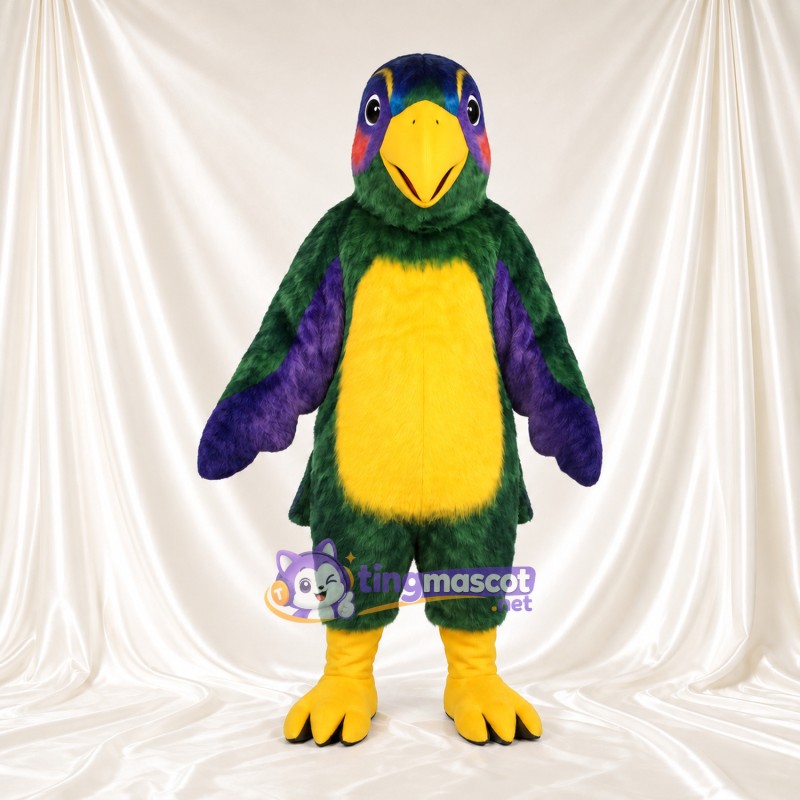 Costume de mascotte Perroquet – vert – Ailes (violet); Ventre (jaune) Costume de mascotte Perroquet – vert – Ailes (violet); Ventre (jaune)