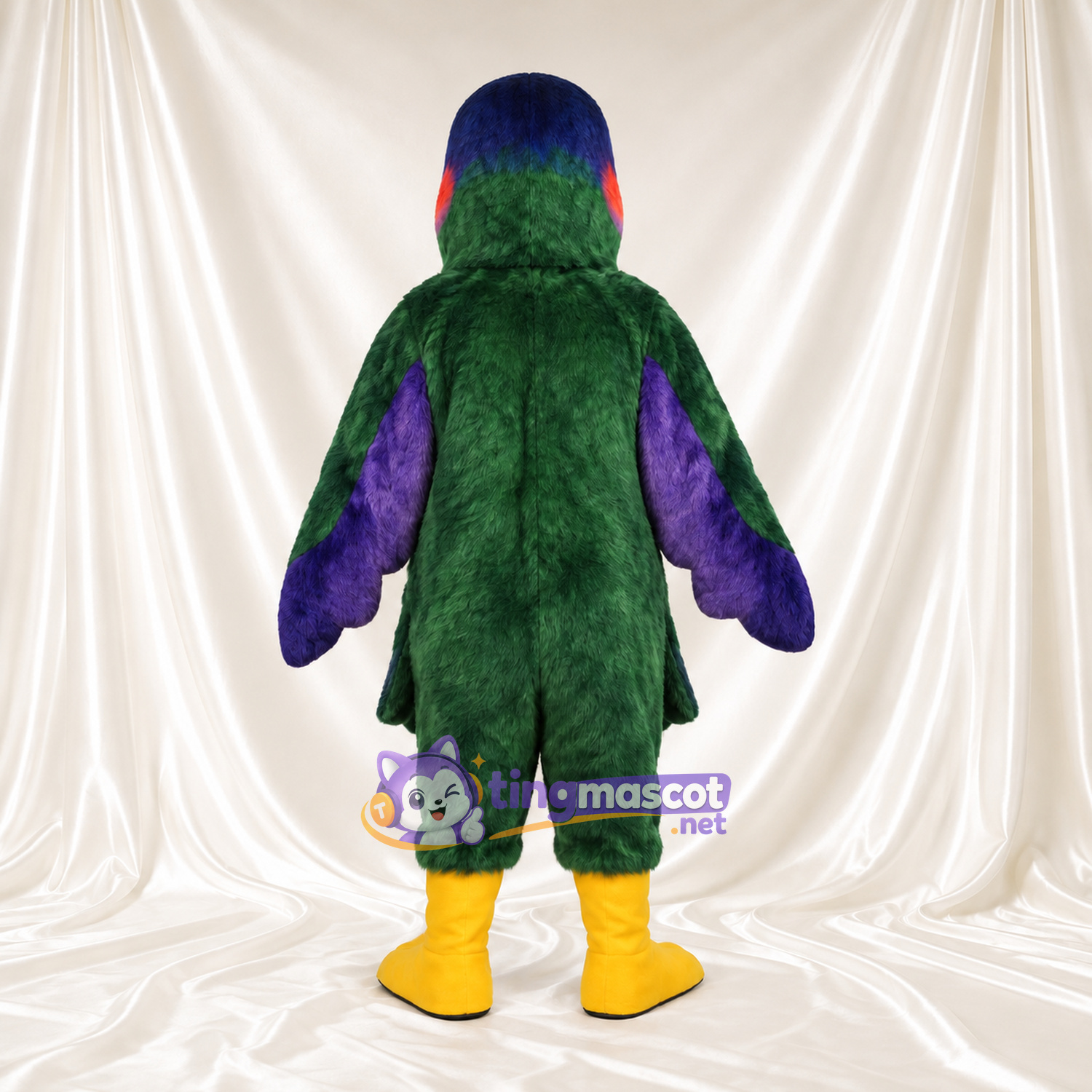 Costume de mascotte Perroquet – vert – Ailes (violet); Ventre (jaune) Costume de mascotte Perroquet – vert – Ailes (violet); Ventre (jaune)