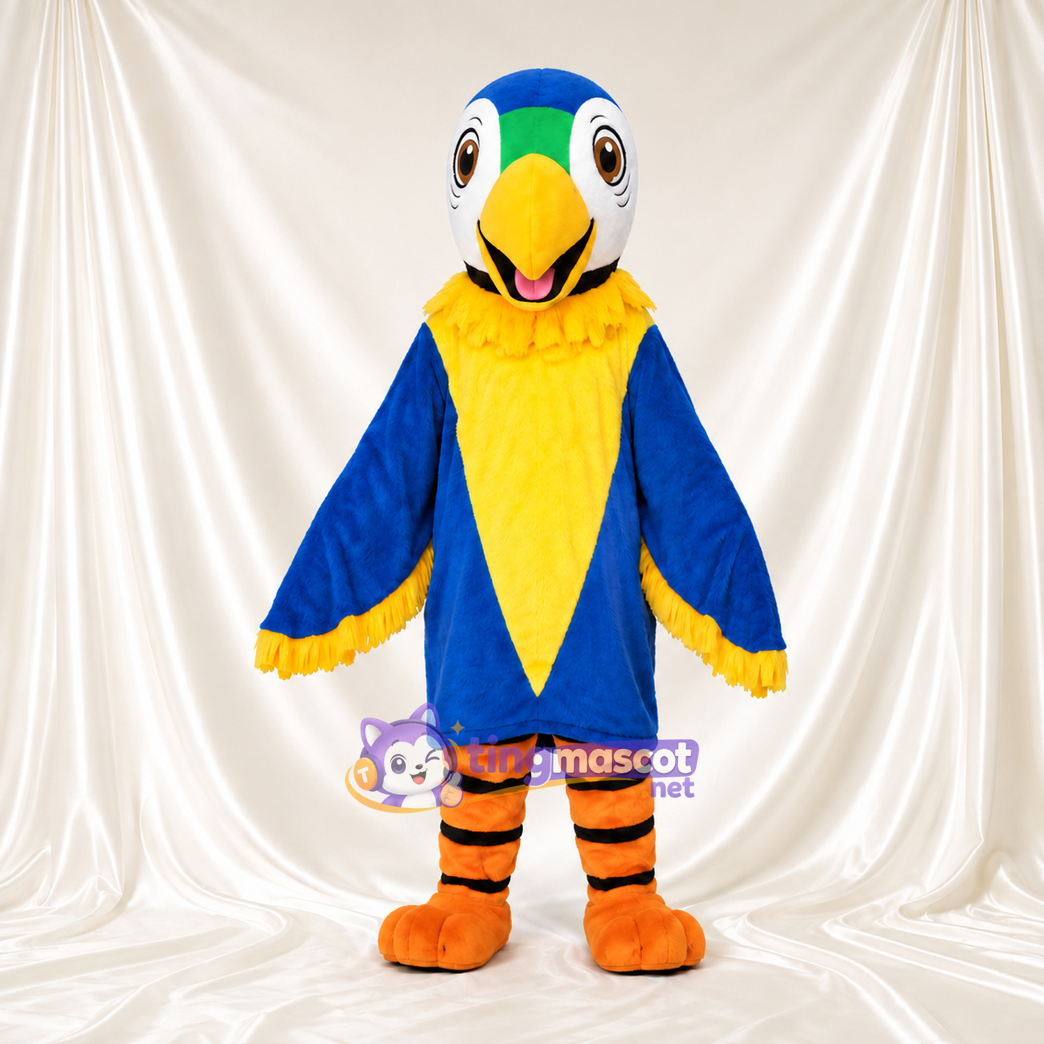 Blue Parrot Mascot Costume - Yellow Chest and Striped Orange Legs Blue Parrot Mascot Costume - Yellow Chest and Striped Orange Legs