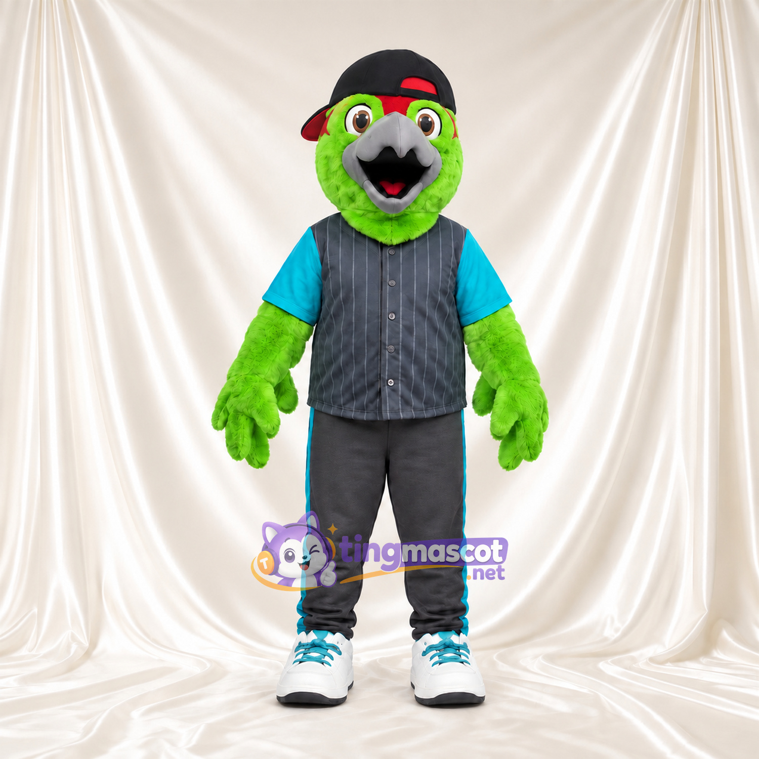 Costume de mascotte Perroquet – vert – Casquette (noir); Gilet (gris) Costume de mascotte Perroquet – vert – Casquette (noir); Gilet (gris)