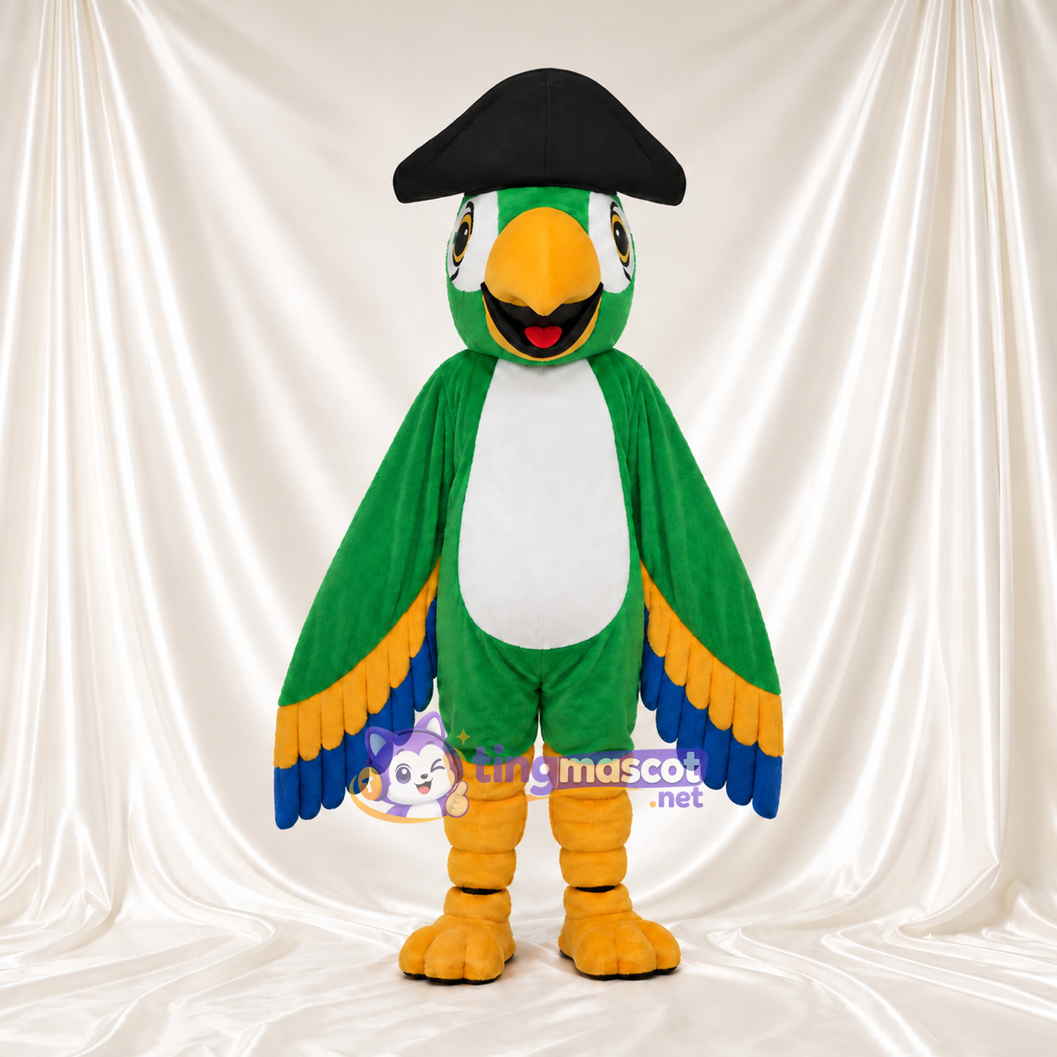 Costume de mascotte Perroquet – vert – Chapeau (noir); Ventre (blanc) Costume de mascotte Perroquet – vert – Chapeau (noir); Ventre (blanc)