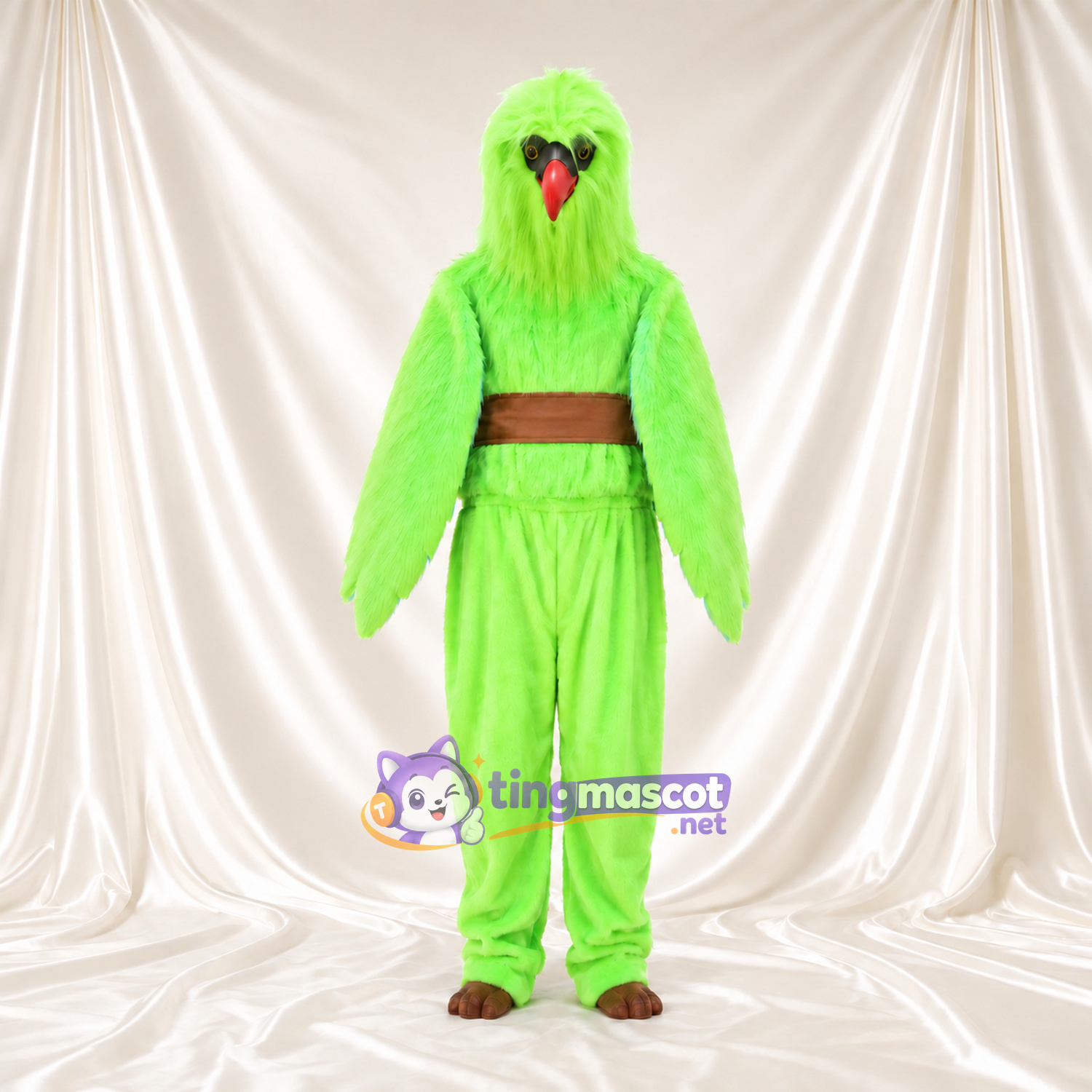 Costume de mascotte Oiseau – vert citron / vert – Ceinture (marron); Bec (rouge) Costume de mascotte Oiseau – vert citron / vert – Ceinture (marron); Bec (rouge)