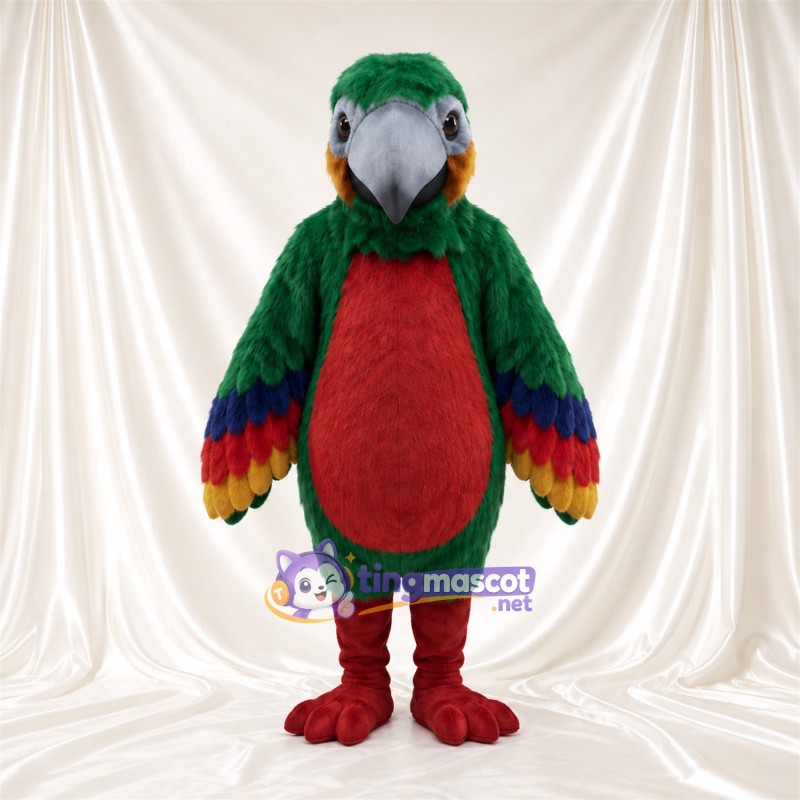 Dark Green Parrot Mascot Costume - Burgundy Belly and Rainbow Wings Dark Green Parrot Mascot Costume - Burgundy Belly and Rainbow Wings