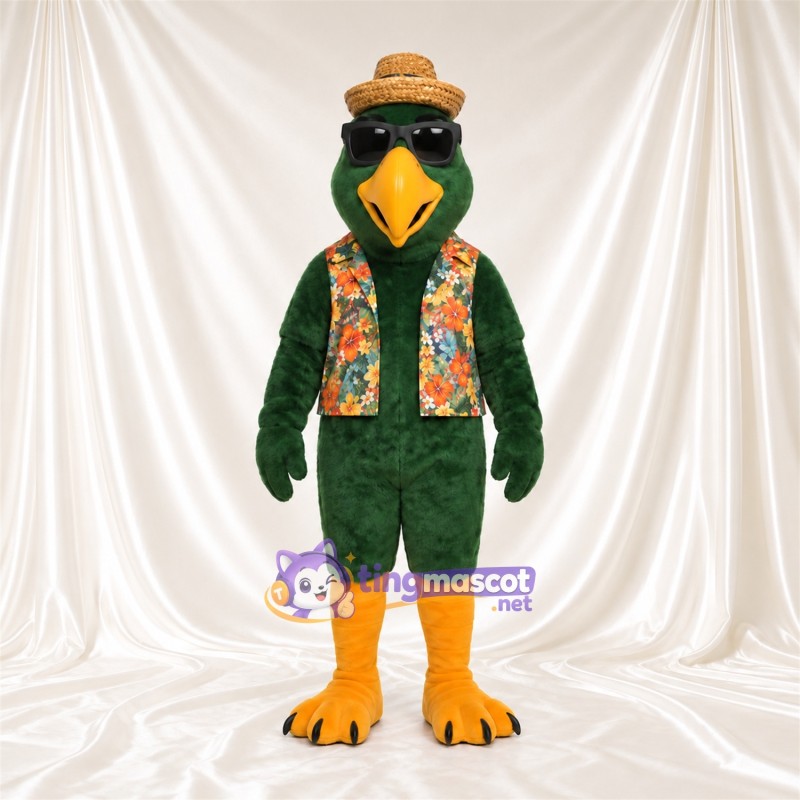 Dark Green Parrot Mascot Costume - Floral Vest, Straw Hat and Sunglasses Dark Green Parrot Mascot Costume - Floral Vest, Straw Hat and Sunglasses