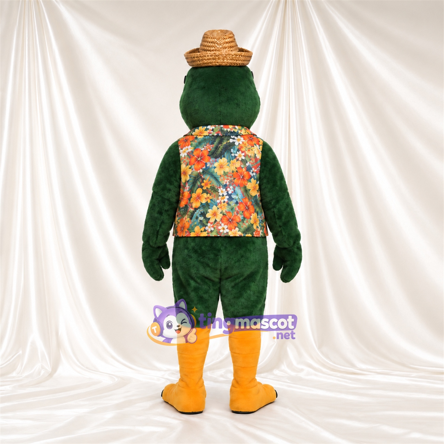 Dark Green Parrot Mascot Costume - Floral Vest, Straw Hat and Sunglasses Dark Green Parrot Mascot Costume - Floral Vest, Straw Hat and Sunglasses