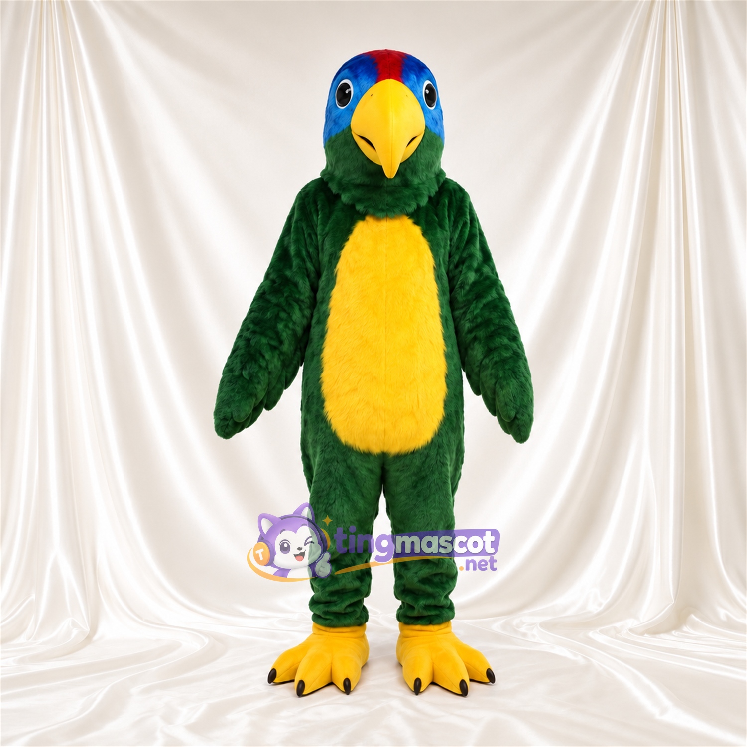 Dark Green Parrot Mascot Costume - Blue Face and Yellow Belly Dark Green Parrot Mascot Costume - Blue Face and Yellow Belly