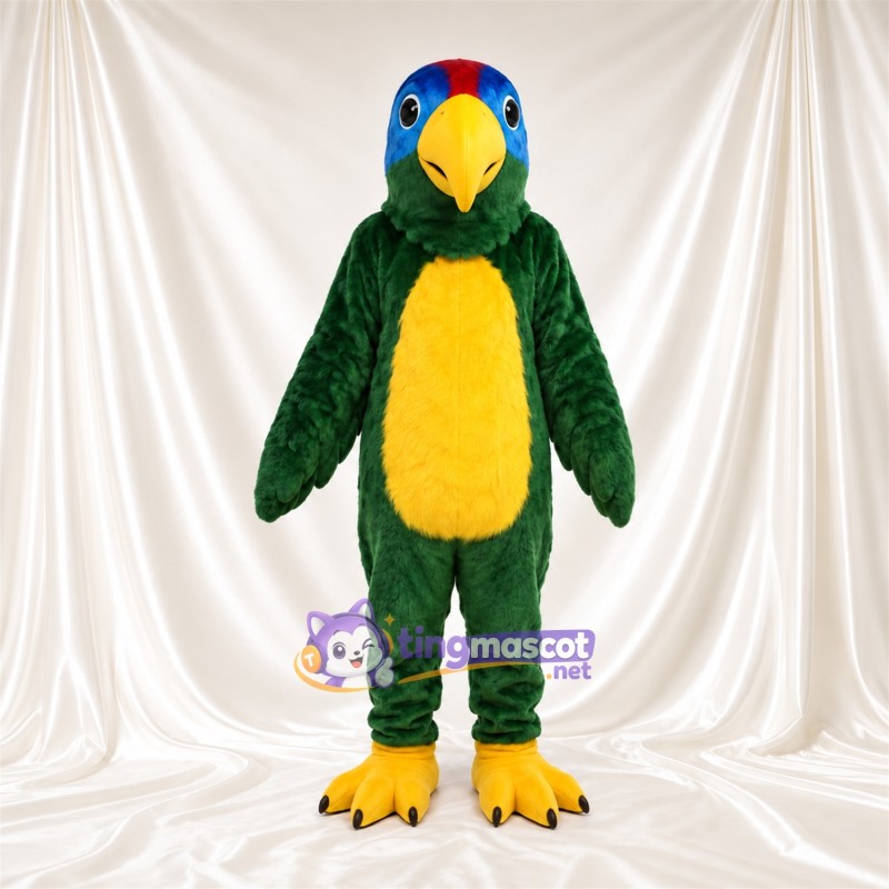 Dark Green Parrot Mascot Costume - Blue Face and Yellow Belly Dark Green Parrot Mascot Costume - Blue Face and Yellow Belly