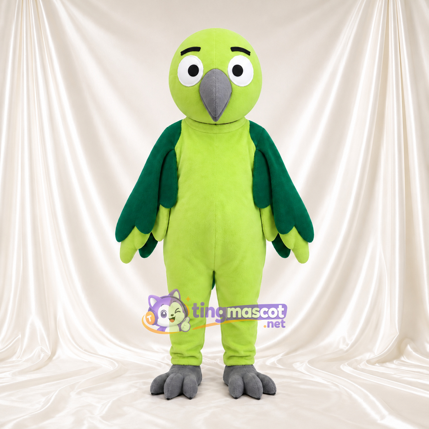 Costume de mascotte Perroquet – vert citron / vert – Ailes (vert foncé); Pieds (gris) Costume de mascotte Perroquet – vert citron / vert – Ailes (vert foncé); Pieds (gris)