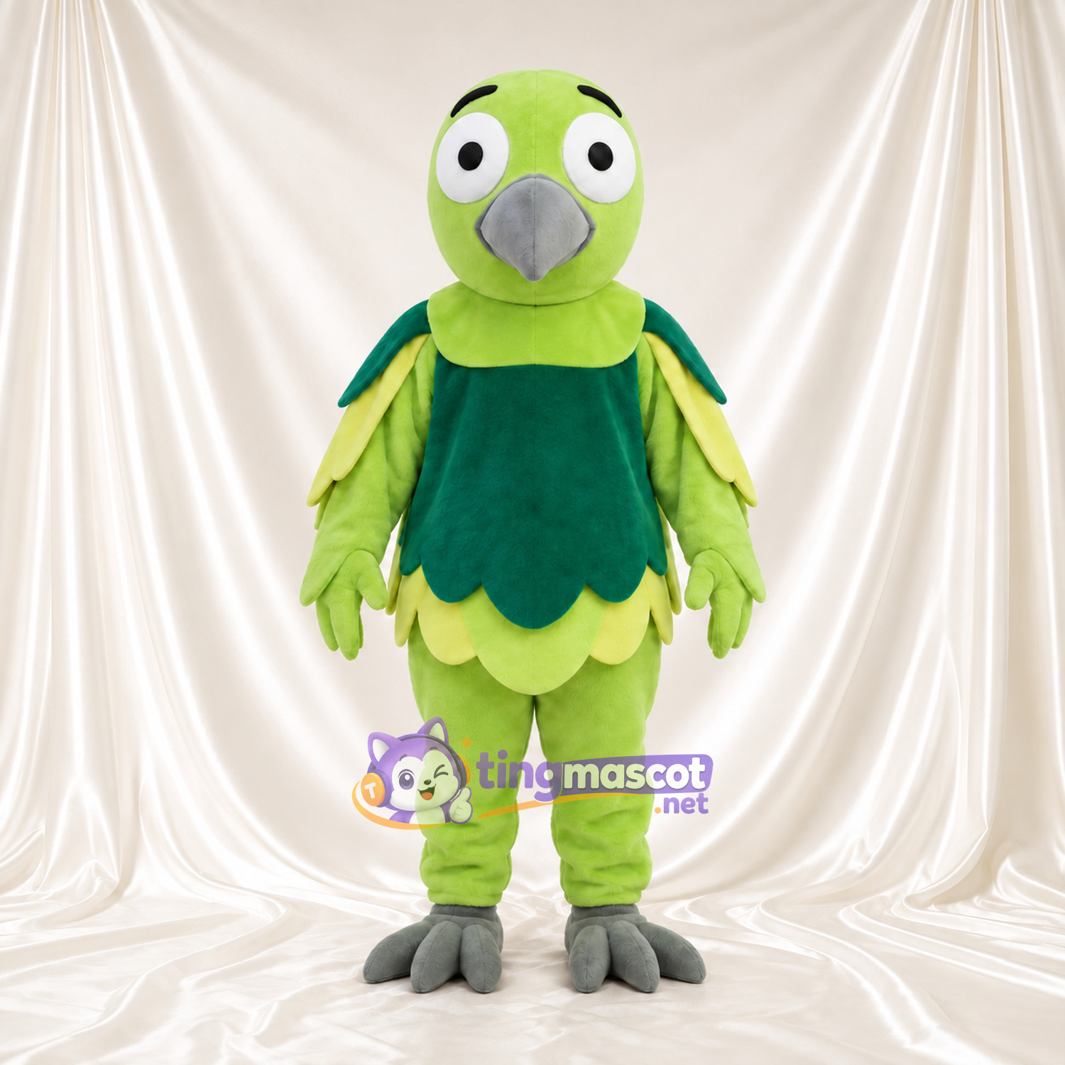 Costume de mascotte Perroquet – vert citron / vert – Bavette (vert foncé); Plumes (festonné)