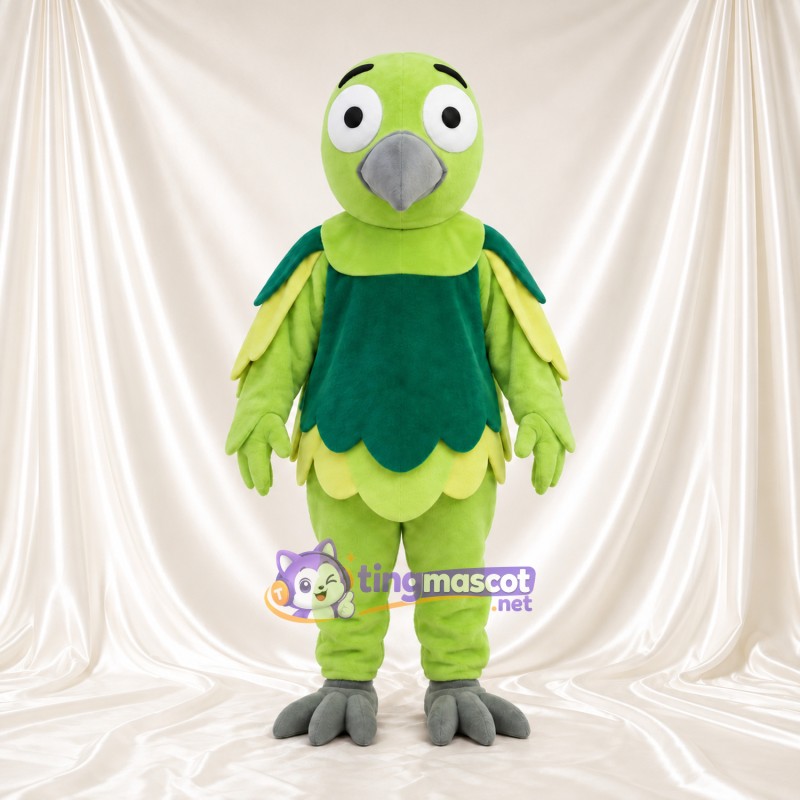 Costume de mascotte Perroquet – vert citron / vert – Bavette (vert foncé); Plumes (festonné) Costume de mascotte Perroquet – vert citron / vert – Bavette (vert foncé); Plumes (festonné)