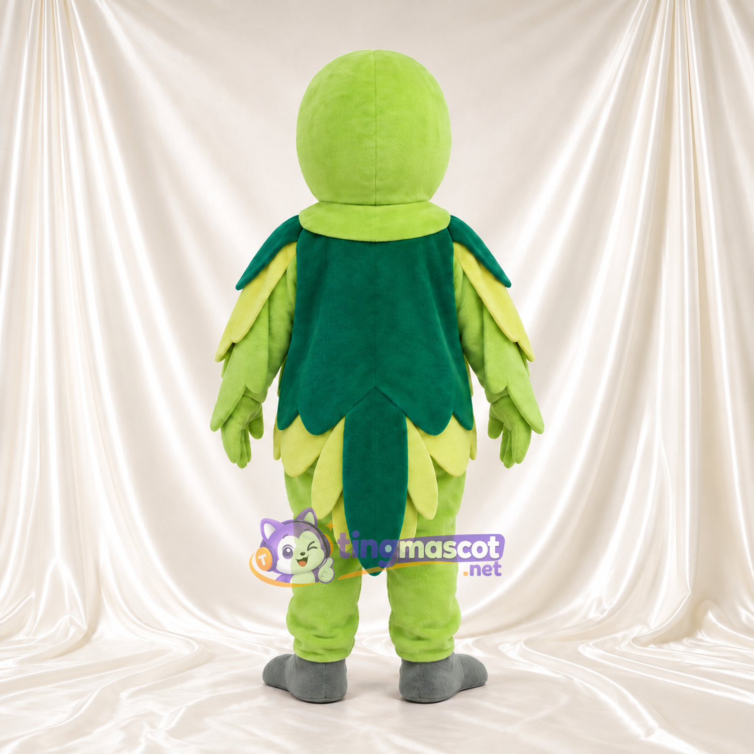 Costume de mascotte Perroquet – vert citron / vert – Bavette (vert foncé); Plumes (festonné)