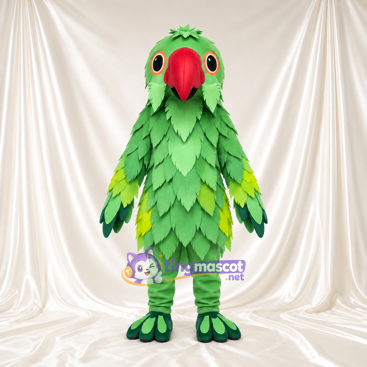 Costume de mascotte Perroquet – vert – Bec (rouge); Feuille (à plusieurs couches); Plumes Costume de mascotte Perroquet – vert – Bec (rouge); Feuille (à plusieurs couches); Plumes