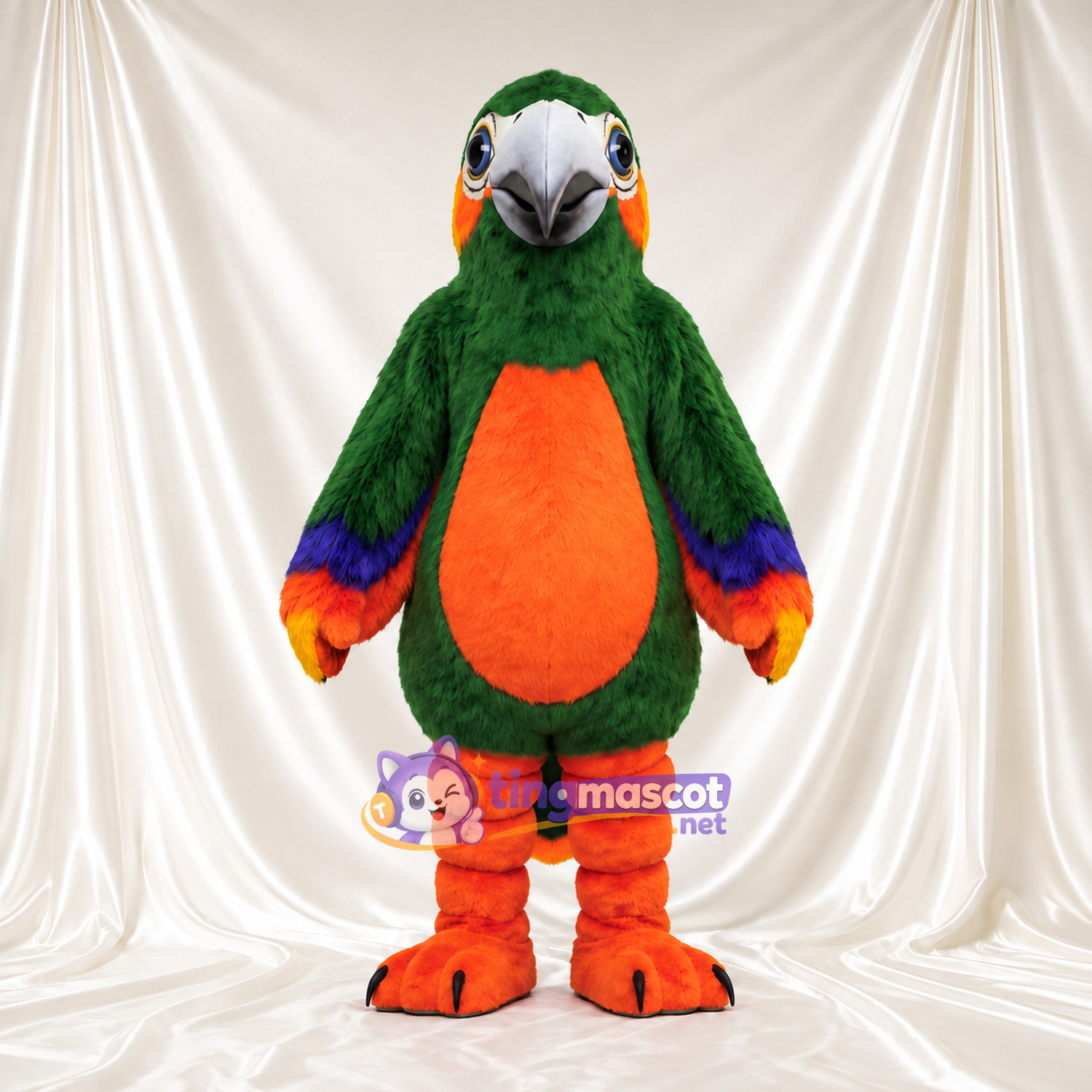 Dark Green Parrot Mascot Costume - Orange Belly and Purple Wing Bands Dark Green Parrot Mascot Costume - Orange Belly and Purple Wing Bands