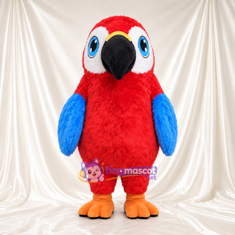 Costume de mascotte Perroquet – rouge – Ailes (bleu); Taches autour des yeux (grand, blanc) Costume de mascotte Perroquet – rouge – Ailes (bleu); Taches autour des yeux (grand, blanc)