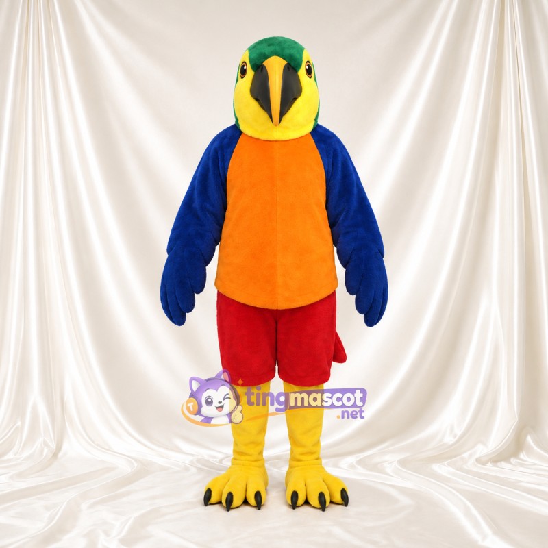 Maskottchenkostüm Papagei – blau / gelb – Hemd (orange); Shorts (rot) Maskottchenkostüm Papagei – blau / gelb – Hemd (orange); Shorts (rot)