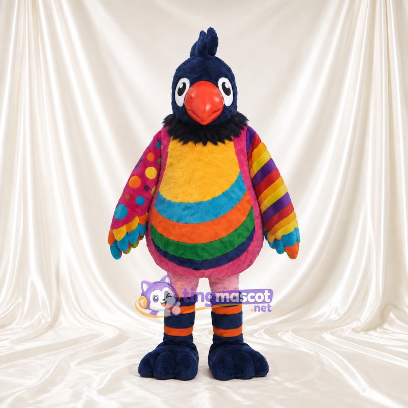 Maskottchenkostüm Vogel – mehrfarbig – Gestreifter Körper (regenbogenfarben) Maskottchenkostüm Vogel – mehrfarbig – Gestreifter Körper (regenbogenfarben)